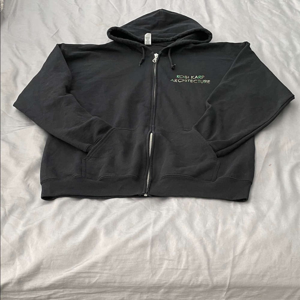 Gilden Heavy Blend Black Zip-Up Hoodie Size Large Front and Back Design